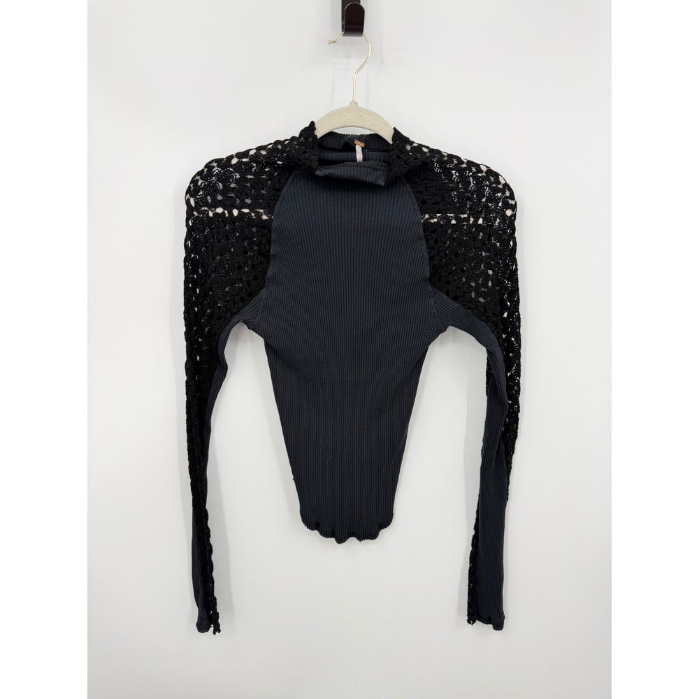 Free People Lace Sleeve Mock Neck Top Women M Black Ribbed OB1416314 Boho